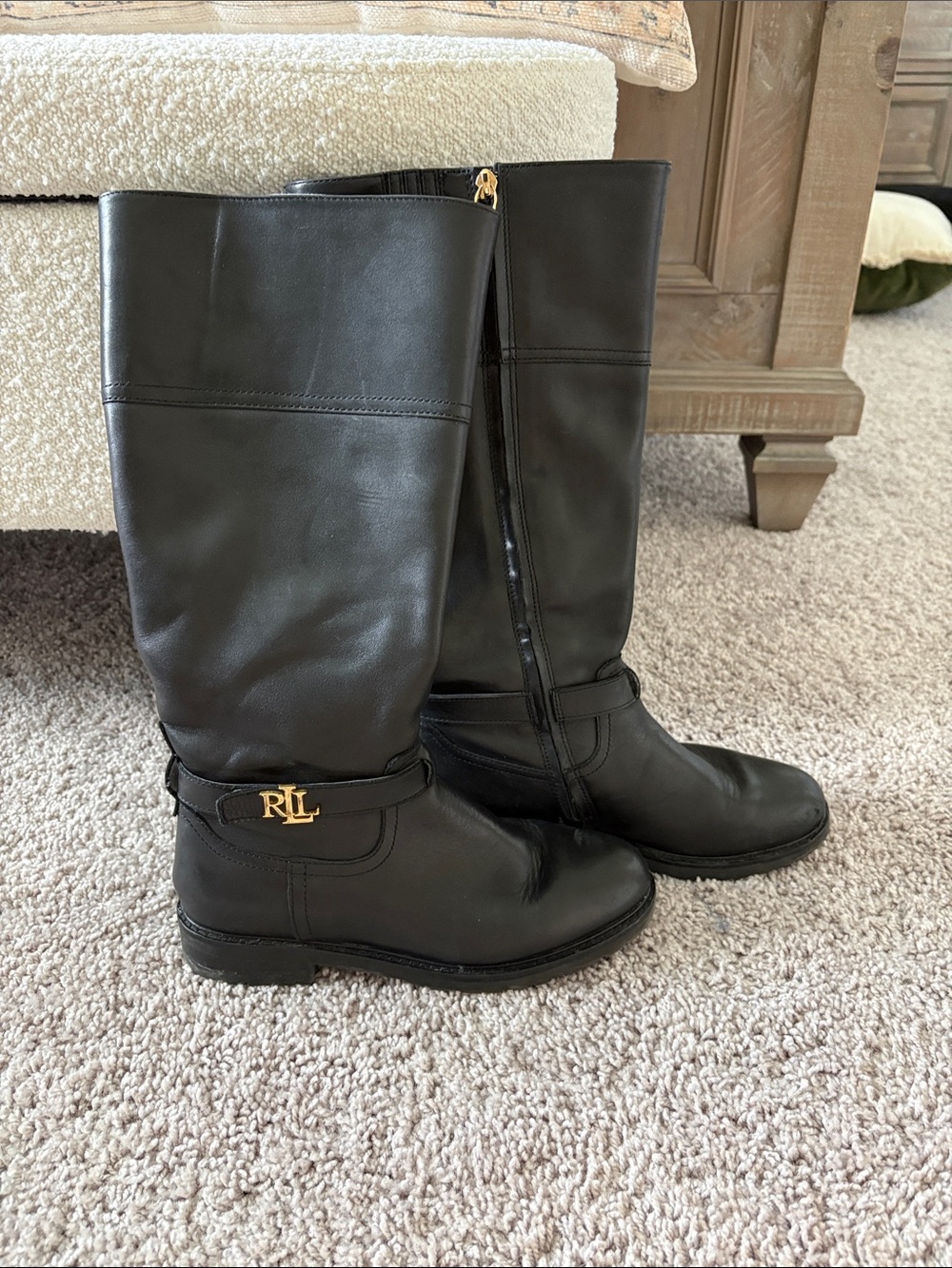 Ralph Lauren Black Leather Knee-High Riding Boots